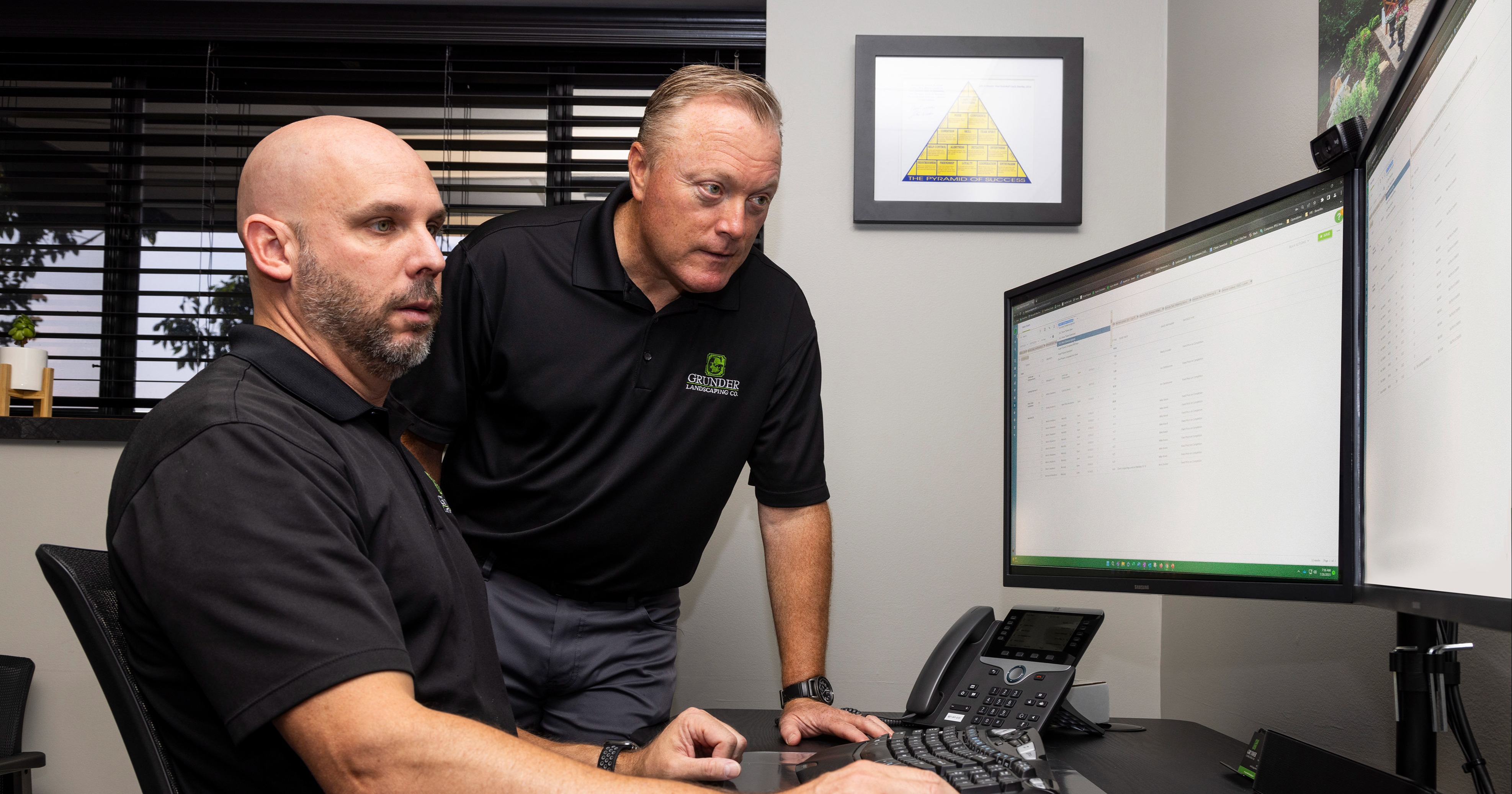 Grunder landscaping leadership working on the computer together